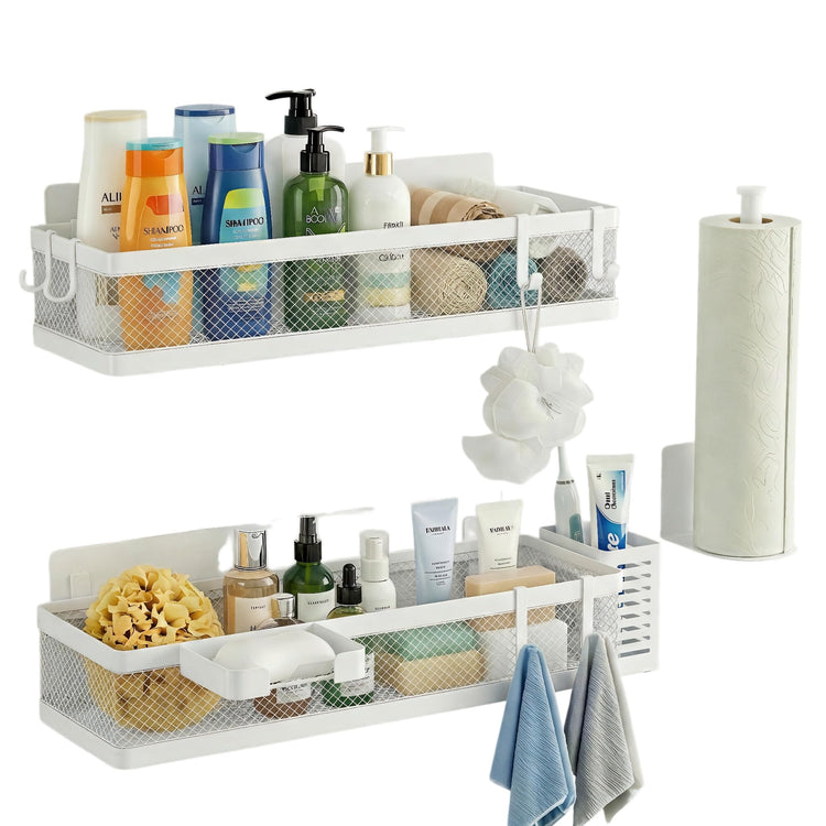 5-in-1 16.5" Extra Long Slim Wall Mount Wrapped Mesh Kitchen Organizer & Shower Caddy Kit, with Paper Towel Holder, Utensil Holder, Soap Dish, Holds 50LBS - White, Netting