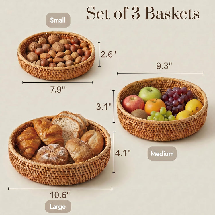 Fruit Basket Wicker Basket Rattan Fruit Bowls (3 Count)
