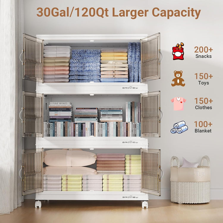 360Qt Stackable Storage Bins with Lid, Extra Large Closet Organizer Collapsible Drawer Boxes with Wheels, Folding Plastic Cabinet Containers for Home Kitchen Room Organization, 3Pack White