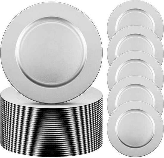 Tanlade 50 Pcs 13 Inch Charger Plates Bulk Round Wedding Chargers Plastic Dinner Plates for Table Setting Wedding Party Decoration (Silver White)