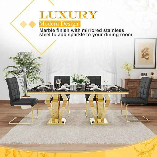 7 Piece Luxury Dining Room Set, Modern Dining Table and Upholstered Chairs Set, Marble Kitchen Table Set for 6, Big Kitchen Dinner Tables Kit with Silver Base