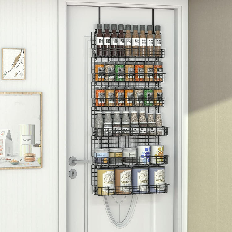 JKsmart 6-Tier Spice Rack Organizer with Door Hook, Wall Mounted & Over the Door Spice Racks for Kitchen Pantry Door Cabinet, Two Size, Large Capacity, Black