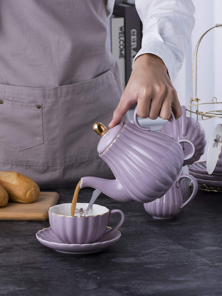 Fine China Purple Teapot and Creamer Sugar Bowl Set