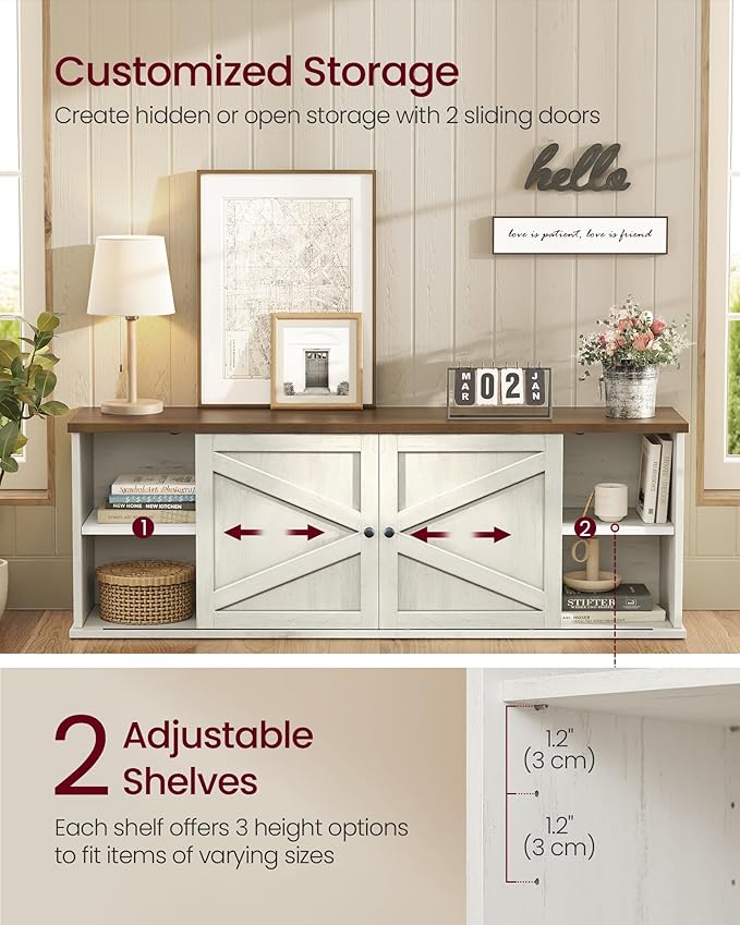 VASAGLE Farmhouse TV Stand for TVs up to 80 Inches, Entertainment Center with Storage Cabinets and Sliding Barn Doors, Media Console Table for Living Room, Rustic White and Honey Brown ULTV537W01