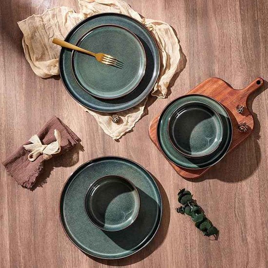 E-far Dinnerware Sets for 4, 12-Piece Stoneware Plates and Bowls Set, Ceramic Dishes Reactive Glaze Dinning Ware, Microwave & Dishwasher Safe - Obsidian Green