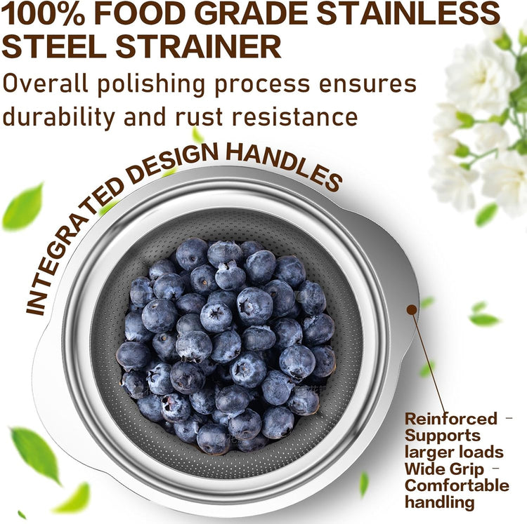 Stainless Steel Colander for Kitchen, Stainless Steel Strainer, Pasta Strainer for Spaghetti Fruits Vegetables Cooking Food, 3 Pcs Strainers and Colanders(2QT, 3QT, 5QT), Dishwasher Safe, Silver
