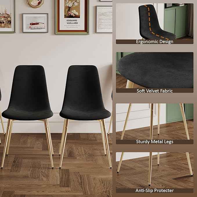 AF ARTISAN FURNITURE 36" Round Glass Dining Table Set for 4, 5-Piece Modern Kitchen Table with 4 Black Velvet Chairs, Modern Circle Leisure Table for Home Office Dining Room Small Spaces (Gold Leg)