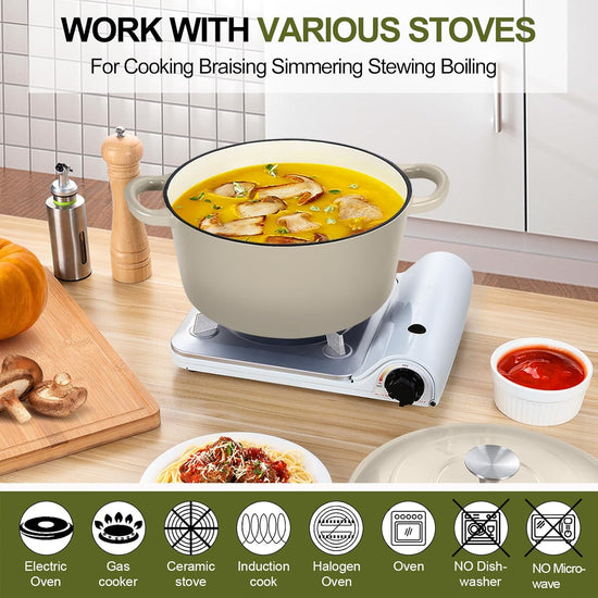 P&P CHEF 7QT Enameled Dutch Oven, Cast Iron Dutch Oven Pot with Lid for Bread Baking, Enameled Casserole Pot for Roasting Braising Stewing Frying Simmering, Various Stoves & Easy Clean, Khaki - Nestoria