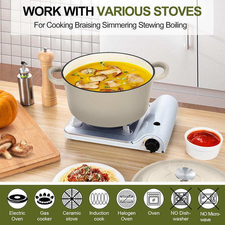P&P CHEF 7QT Enameled Dutch Oven, Cast Iron Dutch Oven Pot with Lid for Bread Baking, Enameled Casserole Pot for Roasting Braising Stewing Frying Simmering, Various Stoves & Easy Clean, Khaki - Nestoria