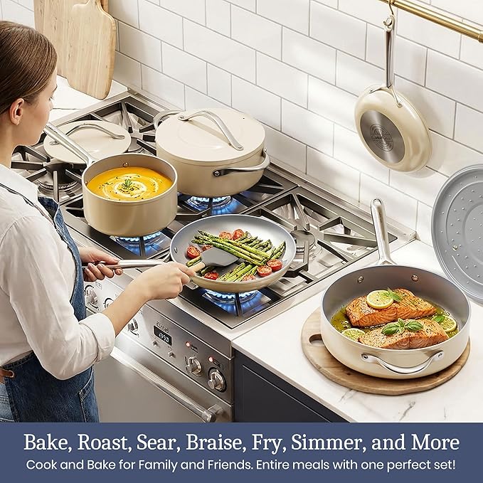 CookinCraze Ceramic Cookware Set, Pots and Pans Set Nonstick with Lid PFAS & PFOA Free, Induction Compatible Oven Safe Up to 500°F Even Heat Distribution, Light Cream