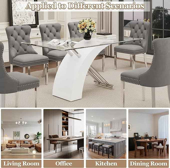 7 Piece Glass Dining Table Set for 6, 63" Modern Kitchen Table with 6 Grey Velvet Chairs, Tempered Glass Tabletop with White X-Shaped MDF Base, Modern Dining Room Set for Kitchen and Dining Room