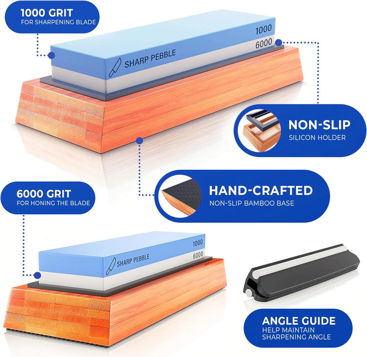 Sharp Pebble Premium Whetstone Knife Sharpening Stone 2 Side Grit 1000/6000 Waterstone- Whetstone Knife Sharpener- NonSlip Bamboo Base & Angle Guide
