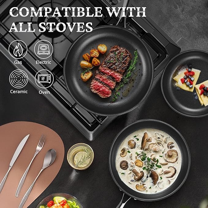 KOKHUB 12" Titanium Ceramic Nonstick Frying Pan, Non-Toxic Tri-Ply Stainless Steel Skillet with Lid, PFAS/PFOA/PTFE Free, Dishwasher & Oven Safe, Induction Compatible