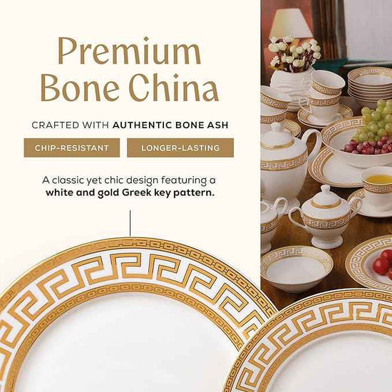 Joseph Sedgh Collection 57-Piece Bone China Dinnerware Set, Service for 8, White and Golden Greek Key
