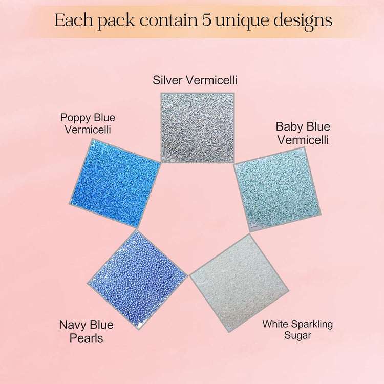 Confect Blue Sprinkles Mix – 5 Shades of Blue with Navy Dragees, Silver, Baby Blue Jimmies & White Sparkling Sugar | Edible Sprinkles for Cakes, Cupcakes & Baking | Vegan, Gluten-Free, Nut-Free, Soy-Free, Dairy-Free, Palm Oil-Free- 5 Oz