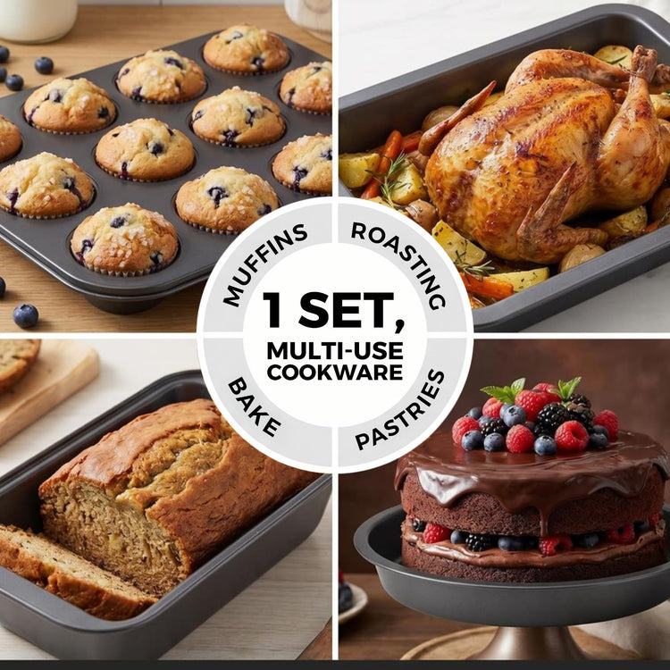 Non-Stick 6-Piece Bakeware Set – Carbon Steel with Even Heat Distribution, Oven Safe to 446°F, BPA-Free, Dishwasher Safe, Stackable Baking Tools for Easy Storage and Everyday Cooking - Gray