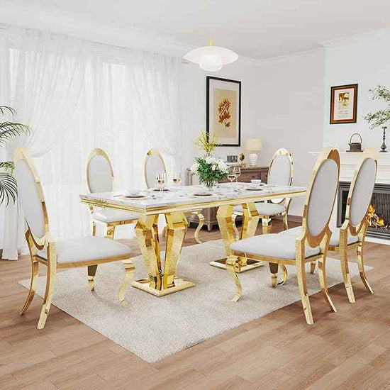 AF ARTISAN FURNITURE 7 Piece Luxury Dining Room Set, Modern Dining Table and Upholstered Chairs Set, Marble Kitchen Table Set for 6, Big Kitchen Dinner Tables Kit with Gold Base