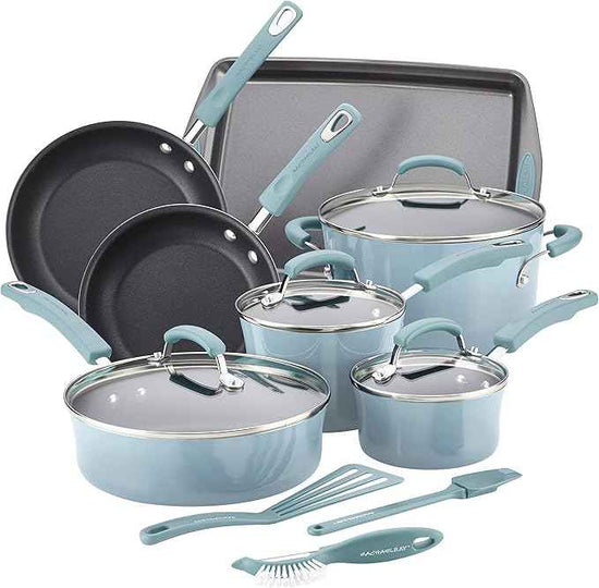 Rachael Ray Brights Nonstick Pots and Pans, Includes Crispy Sheet Baking Pan/Bakeware and Kitchen Cooking Tools, 14 Piece Cookware Set - Sky Blue