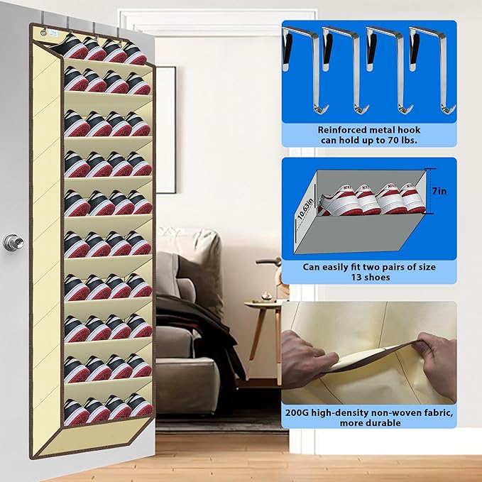 Over The Door Shoe Organizer, 70 Pounds Large Capacity, 20-30-Pair shoe organizer, Heavy Duty-Extra Deep Pockets ,Anti-Scratch Hooks & FSC-Certified Bamboo ,Engineered for Men’s Size 13 shoe,Beige