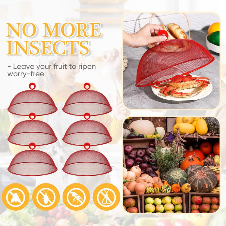 Gerrii 6 Pcs Metal Mesh Food Cover Outdoor Mesh Food Tents Dome Screen Plate Covers for Dinner Plates Reusable Fruit Fly Nets Picnic Food Umbrella for Table, BBQ, Camping, Party (Red,11 Inch)