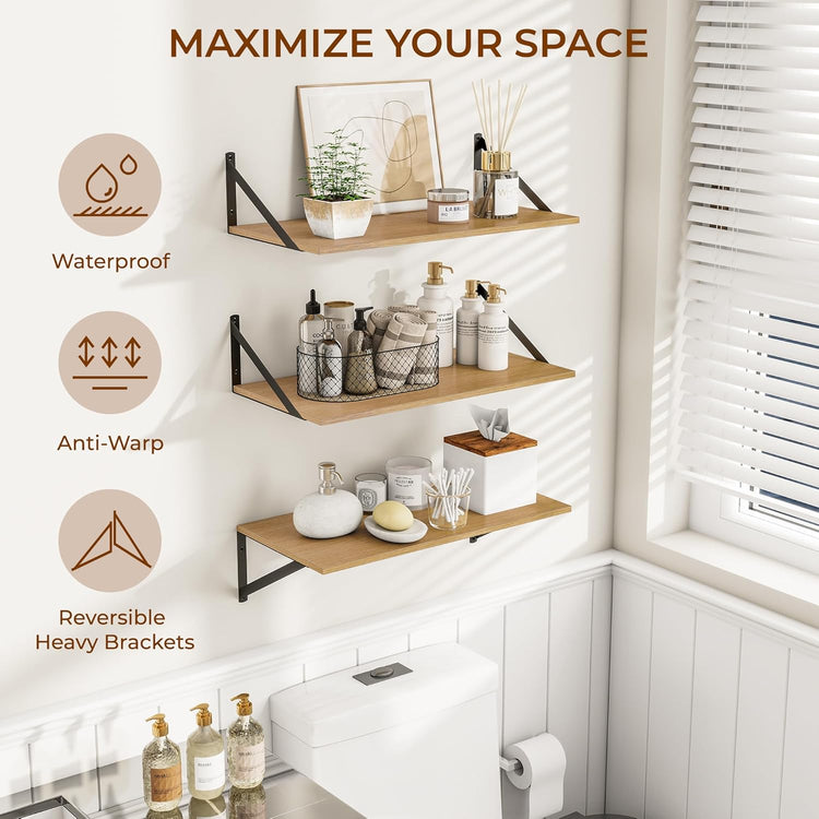 Heimlove 24" W x 12" D Wall Shelves for Books, 12 Inch Deep Floating Shelves Set of 3, Wide Floating Bookshelf with Metal Bracket for Living Room, Kitchen, Office, Bedroom and Decor Storage - Oak