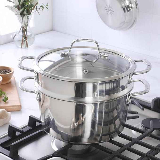 Sur La Table Kitchen Essentials Chef's Deck 3-Piece 5.3-Quart Stainless Steel Dutch Oven with Steamer Insert & Glass Lid – Induction Ready, Tri-Ply Base, Polished Finish & Hollow Stay-Cool Handles