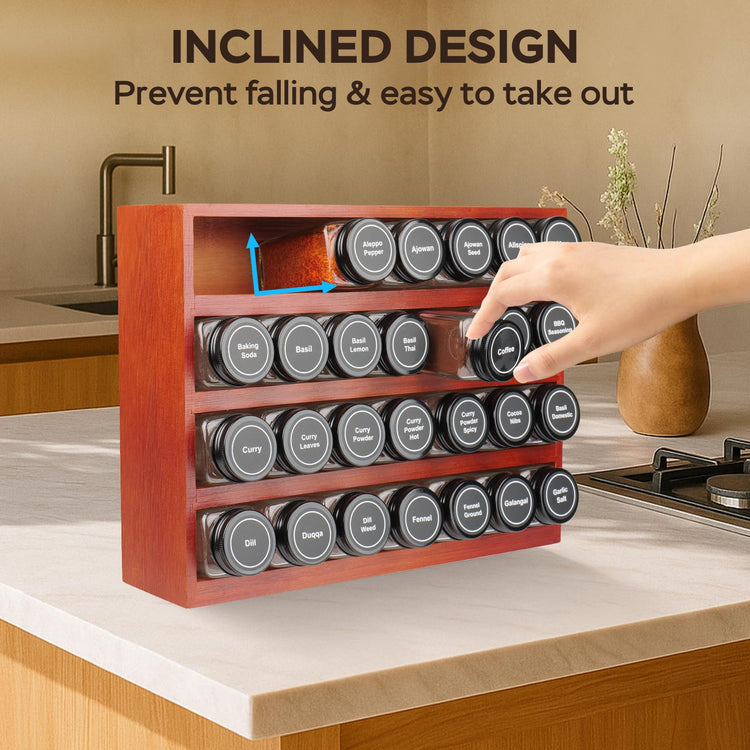 Bamboo Spice Rack Organizer with 28 Glass Spice Jars 4 oz Set Cherry Stain (28 Count)