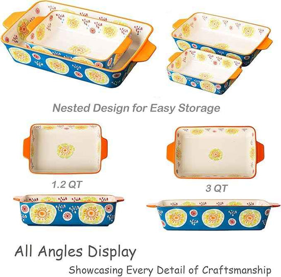 Ceramic Baking Dish Set, 2-Piece Stoneware Bakeware with Handles, 3QT & 1.2QT Casserole Dishes for Oven to Table, Microwave Dishwasher Safe, Lead-Free, Hand-Painted Bakeware -Ocean Blue