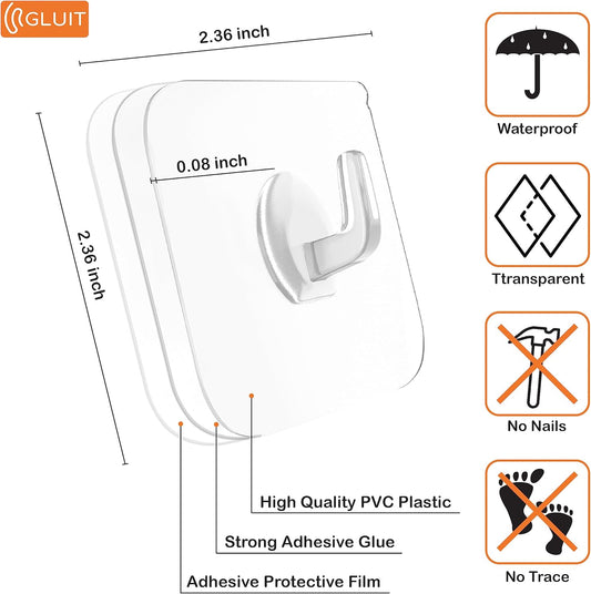 GLUIT Adhesive Plastic Clear Hooks Transparent Utility Hook for The Drill-Free Wall (20 Small Hooks)