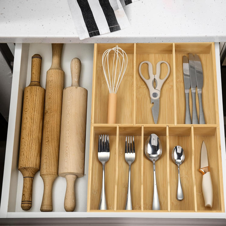 Fabsome Silverware Organizer for Kitchen Drawers, 2.5'' Deep 12.8'' Wide Bamboo Wood Flatware Tray with Deep Slots for Large Cutlery Utensil Drawer