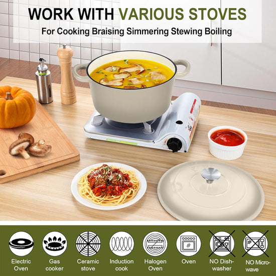 P&P CHEF 6QT Enameled Dutch Oven, Cast Iron Dutch Oven Pot with Lid for Bread Baking, Enameled Casserole Pot for Roasting Braising Stewing Frying Simmering, Various Stoves & Easy Clean, Khaki - Nestoria