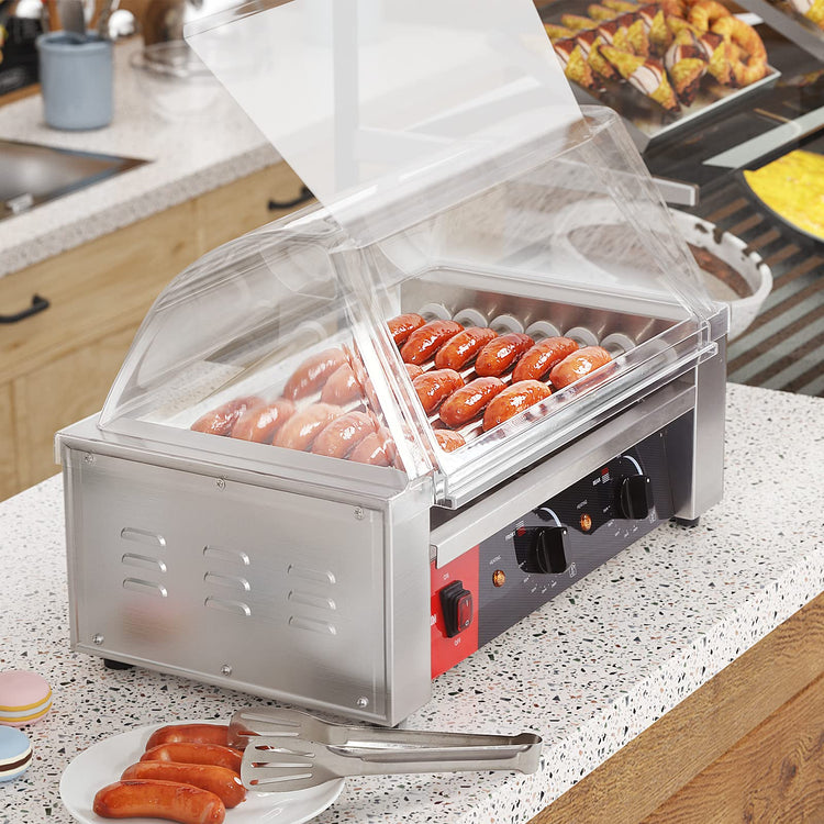 Hot Dog 7 Roller Grill Cooker Machine with Transparent Sneeze Guard