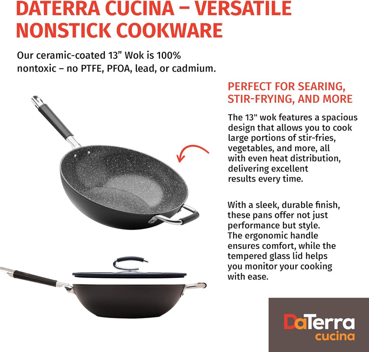 DaTerra Cucina - 13" Nonstick Ceramic Wok with Lid - Made in Italy - High Heat Resistant Nonstick Cookware - Oven Safe, PTFE, Cadmium, Lead & PFOA free - Volcanic Black Speckled