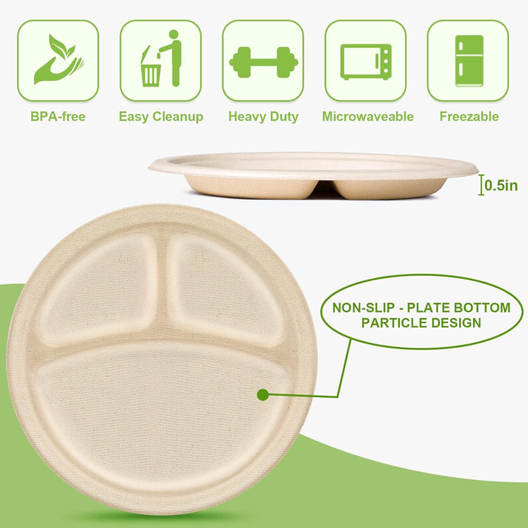 9 inch 3 Compartment Paper Plates - 50 Pack, Heavy Duty, Divided, Compostable