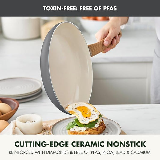GreenPan Rio Essence Wood 10 Piece Cookware Pots and Pans Set, Healthy Ceramic Nonstick, PFOA & PFAS-Free Coating, Induction, Silicone Rim Lids, Stay-Cool Wood Print Handles, Dishwasher Safe, Gray