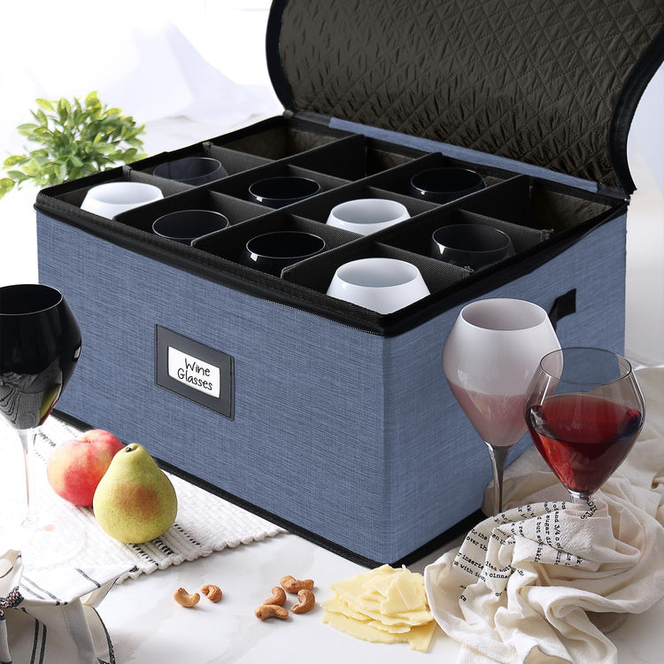 Wine Glass Storage Box with Dividers, 2 Pack Stackable Stemware Storage Cases, Service of 24 Glassware Storage Containers, Quilted China Storage Containers for Moving and Seasonal Storage, Blue