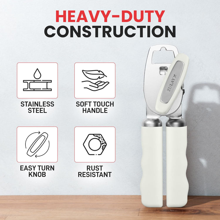 Zulay Kitchen Heavy Duty Stainless Steel Can Opener Manual with Bottle Opener - Rust Proof Manual Can Opener With Turn Knob & Soft Grip Handles