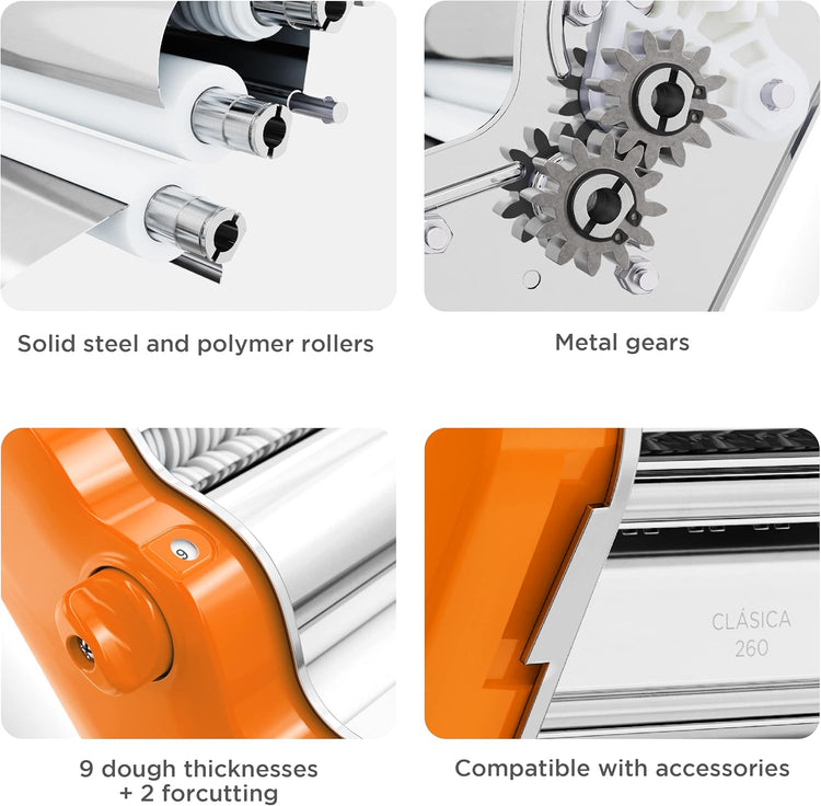 PASTALINDA Classic 260 Pasta Maker Machine, 26 cm Wide Rollers, 9 Thickness Positions, 2 Cutting Positions, Stainless Steel. Includes Reinforced Hand Crank And Two Clamps (Orange)