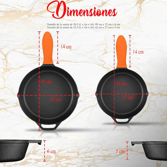 NutriChef 10" & 12" Pre-Seasoned Cast Iron Pans - Durable Nonstick Skillets, Cool-Touch Silicone Handle, For Oven, Grill & All Stovetops - Nestoria