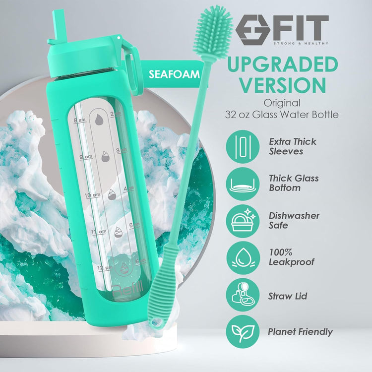 FIT Strong & Healthy 32 oz Glass Water Bottle with Straw Lid, Time Marker, Sleeve & Extra Lid - Motivational, Wide Mouth 1 Liter Glass Drinking Bottle