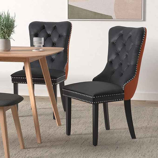 Dining Chairs Set of 4, Upholstered Dining Room Chairs with Back Ring Pull Trim and Solid Wooden Legs, Modern Tufted Kitchen Chairs Perfect for Dining Room, Black Pu Leather Splicing Orange Velvet