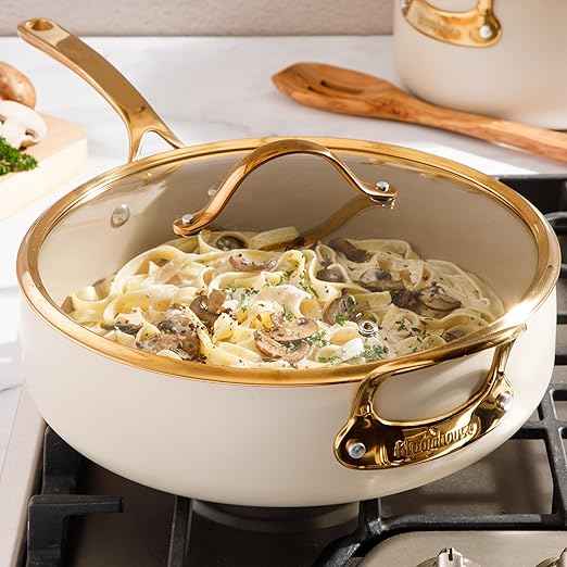 Bloomhouse - Two Time Oprah's Favorite Things Winner - 6 QT Heavy Duty Aluminum Premium PFA Free Ceramic Nonstick Saute/Deep Frying Pan Skillet with Lid - Almond Cream w/Gold Handle
