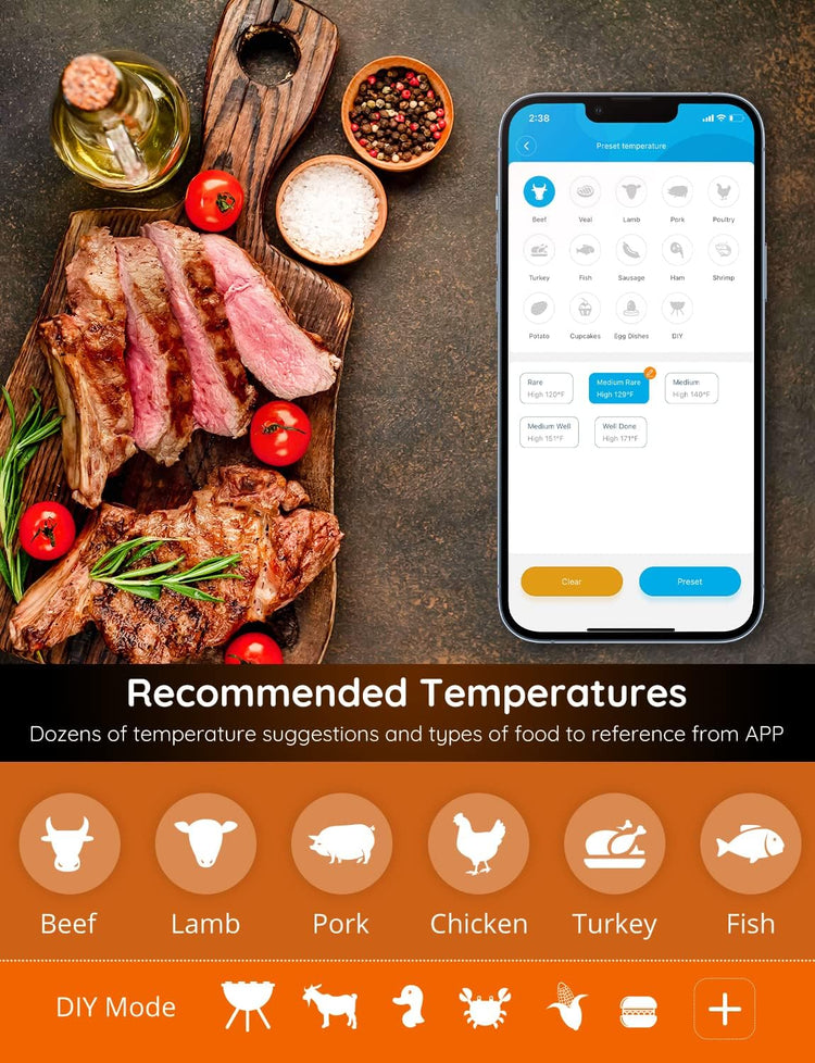 Govee Wireless Meat Thermometer with 4 Probe, Smart WiFi Meat Thermometer with Unlimited Range App Notification Alert, Digital Rechargeable Bluetooth Food Thermometer for Smoker BBQ Grill Oven Kitchen