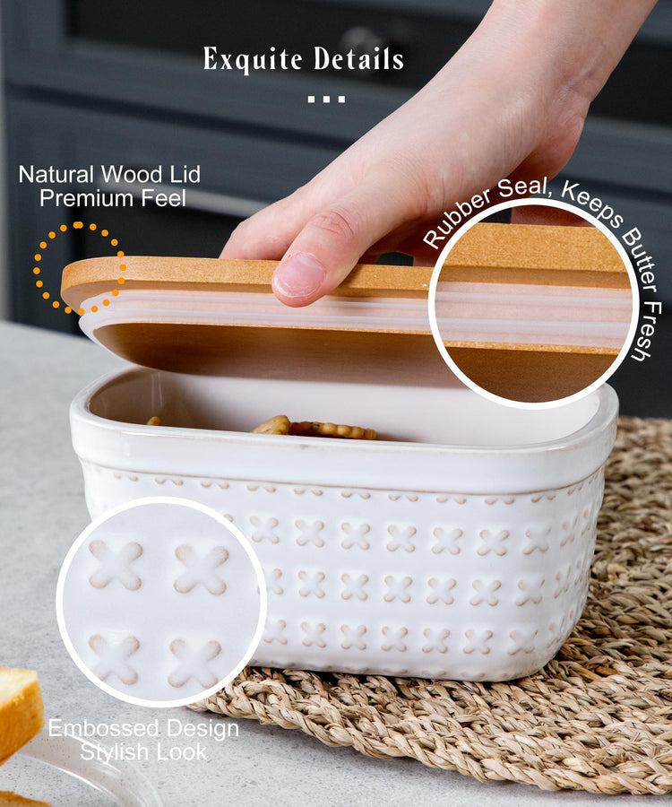 Ceramic Butter Dish Embossed Butter Keeper with Wood Lid for Countertop