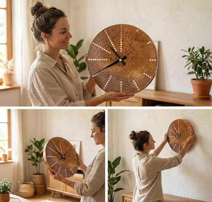 Handmade Pure Copper Wall Clock for Home Decoration, Decor Clock for Living Room, Bedroom and Kitchen, Rustic Decorative Mural Clock Art for Farmhouse (Time Dots, 11)