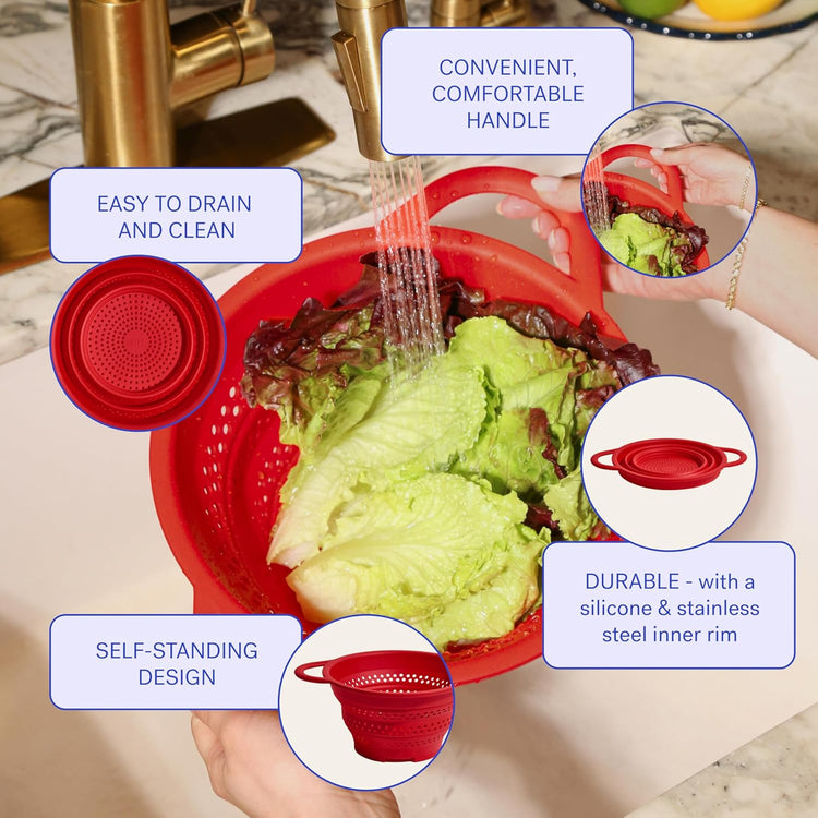 GIR Collapsible Colander for Kitchen – Space-Saving Strainer & Steamer – BPA-Free, Heat-Resistant, Dishwasher Safe Kitchen Strainer with Stainless Steel Rim – Durable Collapsible Colander - Red