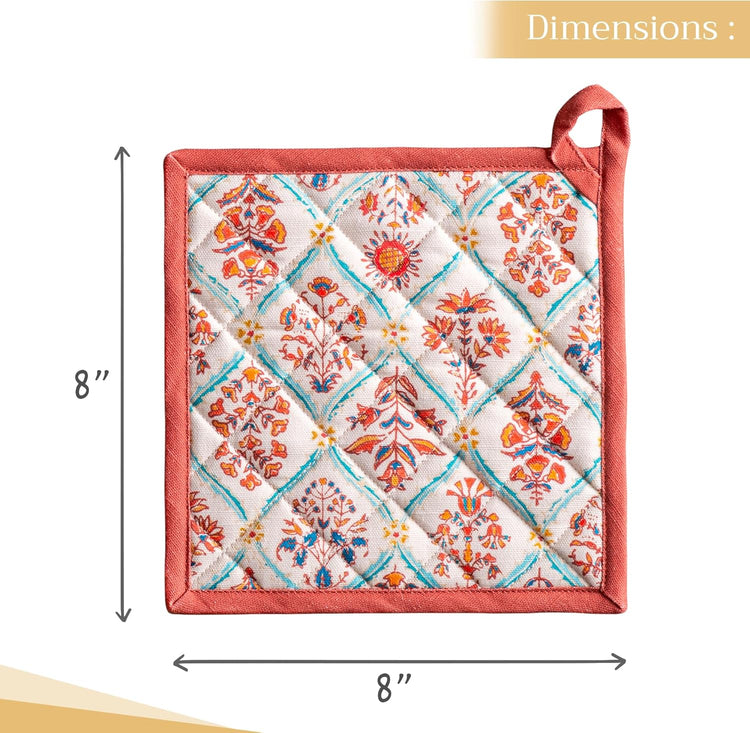 Maison d' Hermine Pot Holders Set 100% Cotton Heat Resistant Potholders 8" x 8" Hot Pads with Loop BBQ, Cooking, Baking, Grilling, Kitchen, Handling Hot Pans (Pack of 2, Romane)