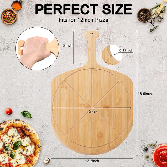 Bamboo Pizza Peel - 18.5"x12.2" with 12" Pizza Cutting Board, Pizza Paddle Spatula with 8 Slice Grooves, also fit for Cheese Bread Fruit Vegetables