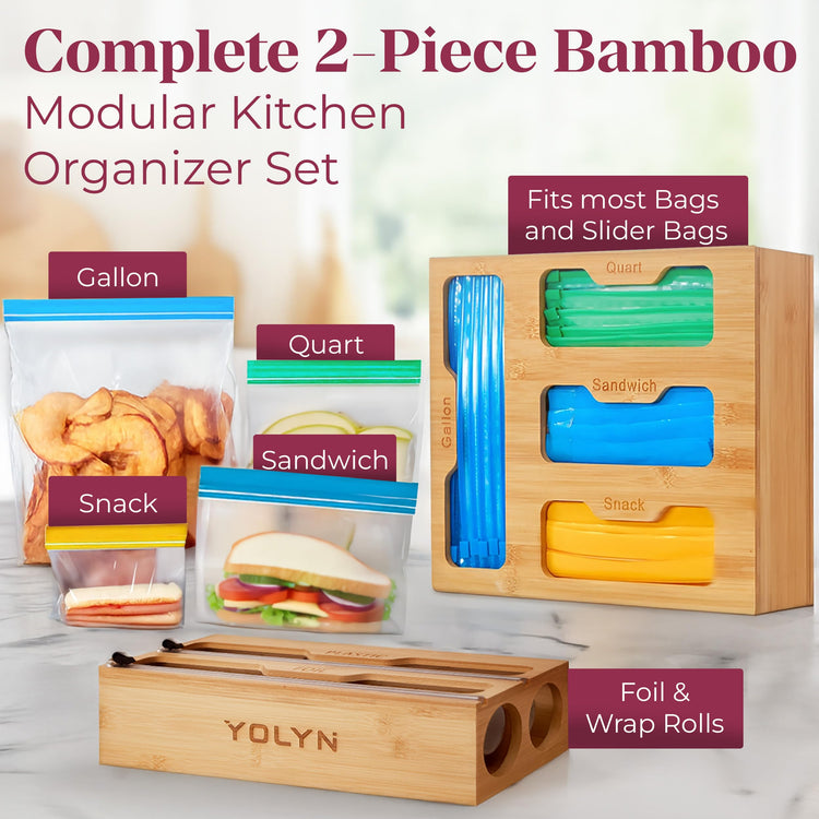 Bamboo Food Storage Bag Organizer for Drawer with Foil & Plastic Wrap Dispenser