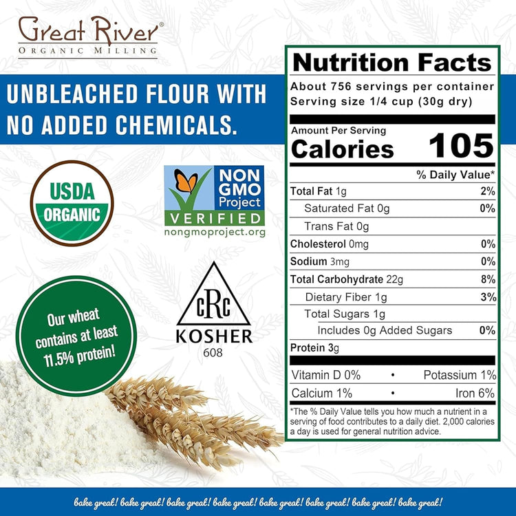 Great River Organic Milling Lily White Organic All-Purpose Flour | Unbleached & Unbromated | Non-GMO, Kosher | Ideal for Bread, Cookies, Cakes, Pizza Dough & Everyday Baking | 50 Lb - Nestoria